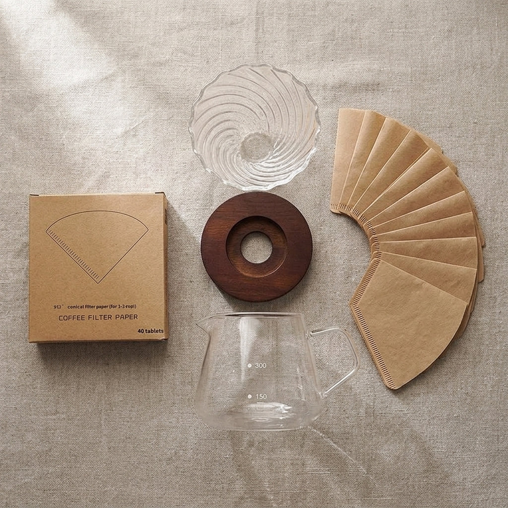 Pour-Over Coffee Kit: glass dripper, glass server and paper filters